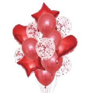 14Pcs 18" Heart Star Mylar Balloon 12" Confetti Latex Balloons Bouquet for Birthday Wedding Party Decoration - Red