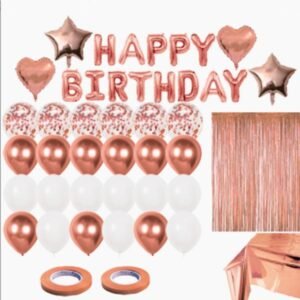 45 Pcs | Birthday Decoration Set, Happy Birthday Letter, Heart, Star Balloons, Foil Tablecloth & Curtains for Birthday Party Decoration - Rose Gold